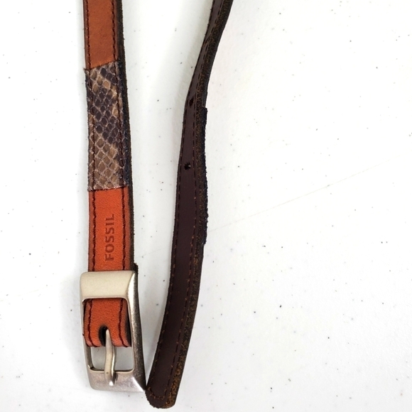 Fossil Leather Patchwork Snake Print Skinny Belt Size Small Retro Colorblock - Picture 3 of 15